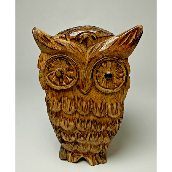 Other - Hand Carved Wooden Owl Statue Sculpture Figurine Free Standing Big Eyes Decor